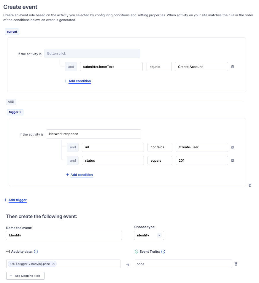 Identify event rule combining UI and network triggers